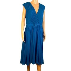 Tadashi Collection size 14 dark teal / turquoise pleated v-neck midi 100% silk.